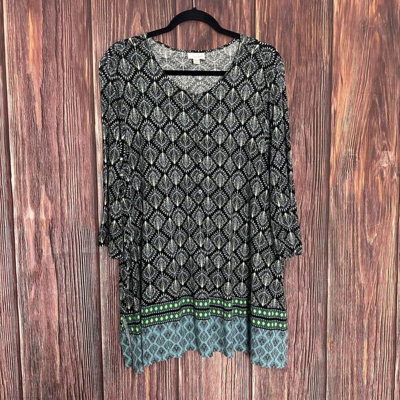 J. Jill Womens Henley Top Geometric Peacock Print Tencel Lyocell Blue Plus Sz 2X - Picture 1 of 7